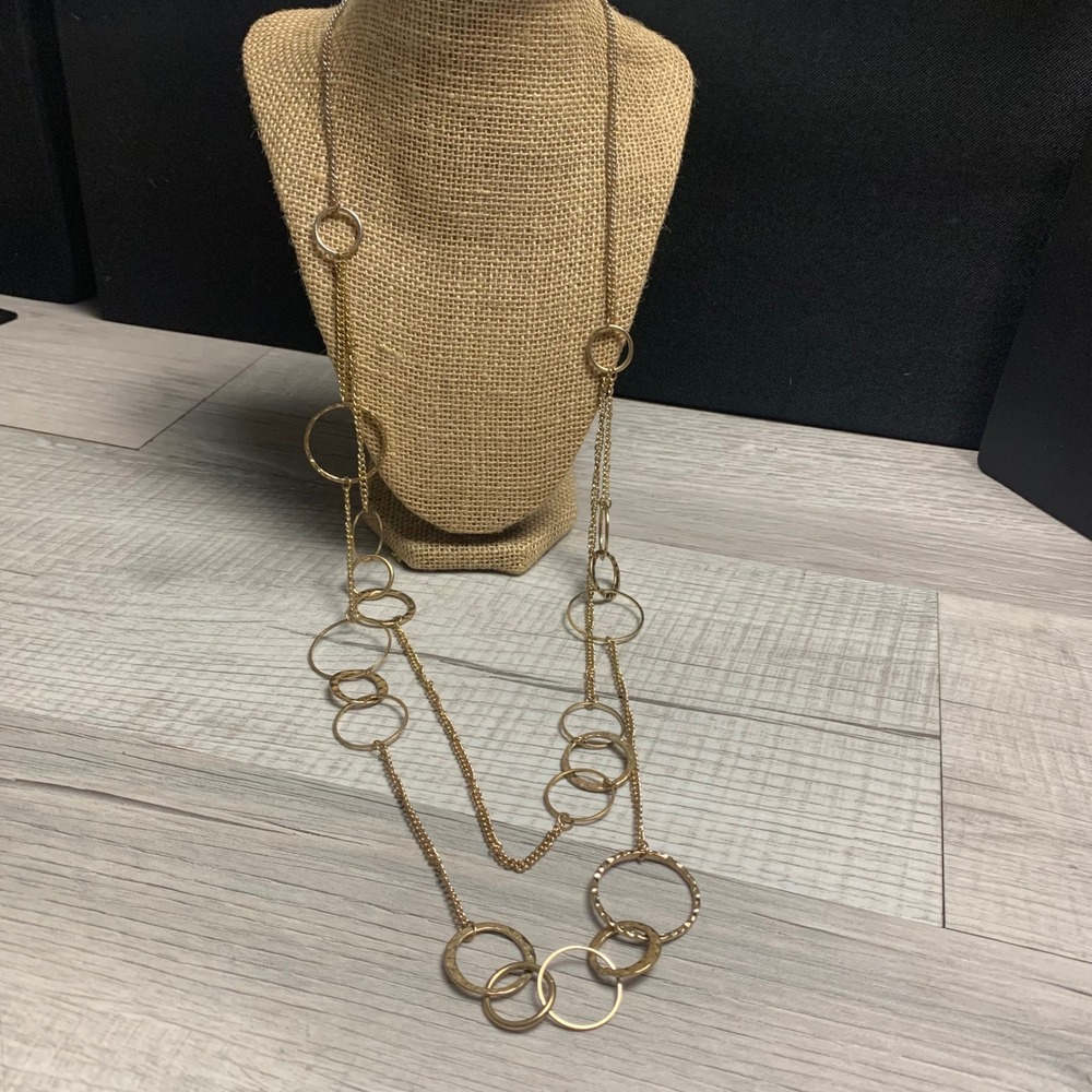 Gold Tone Multi Strand Long Necklace Hammered Interlocking Rings 32 Inch